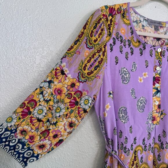 Fig and Flower Dress Womens Medium Floral Paisley Belted Tie Rayon Anthropolgie - Picture 5 of 10